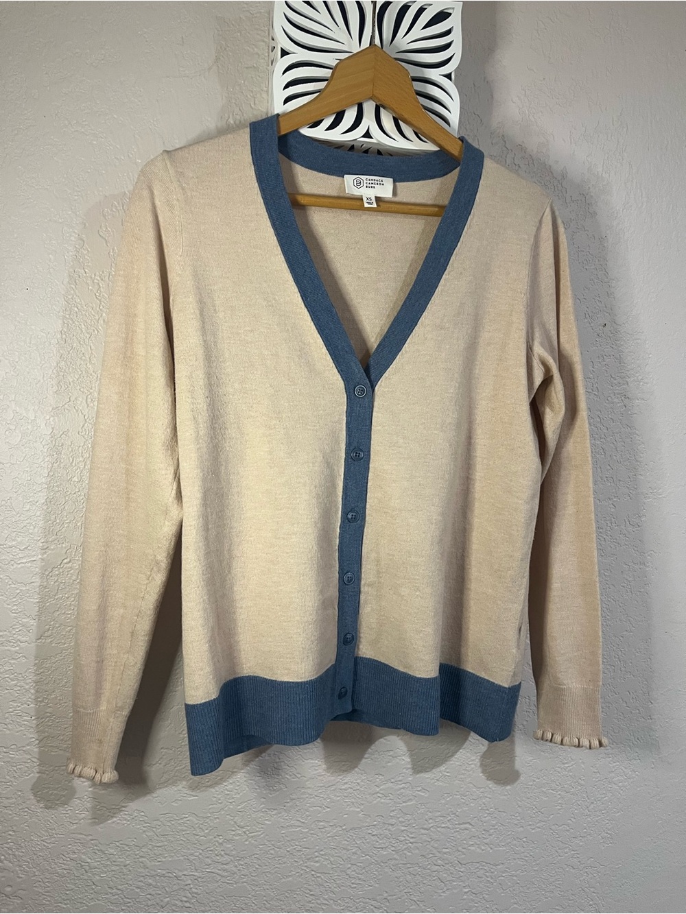 Candace Cameron Bure Cream Cardigan with Blue Contrast Trim